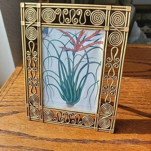 Vtg picture frame features ornate openwork metal hieroglyph antiqued gilt boho
